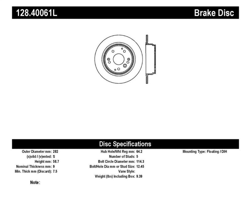 StopTech 04-08 Acura TL/TL-S Standard/Brembo Drilled Left Rear Rotor StopTech 04-08 Acura TL/TL-S Standard/Brembo Drilled Left Rear Rotor