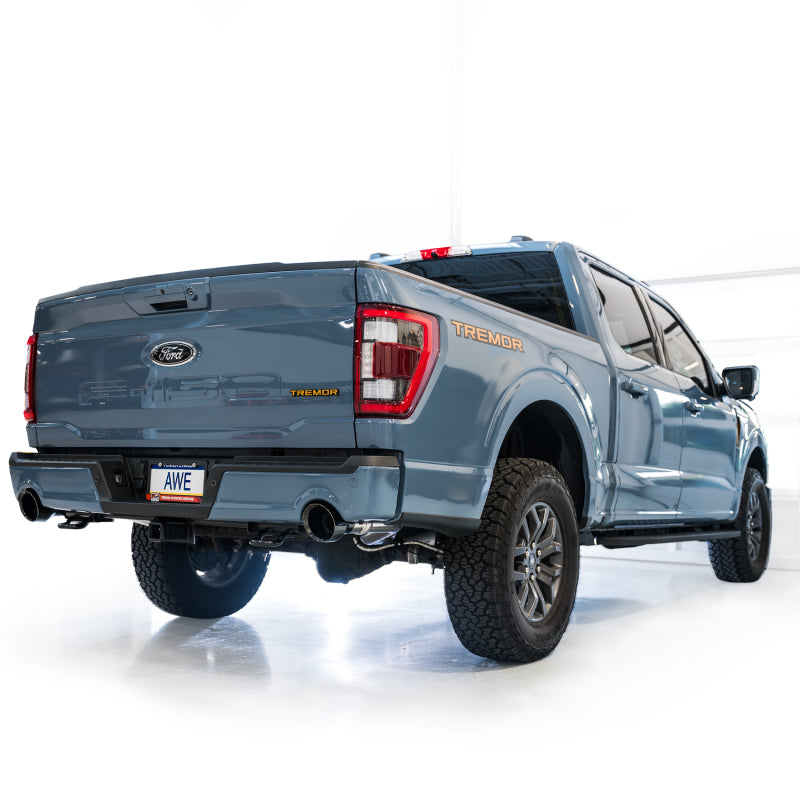 AWE Tuning 2021+ Ford F-150 Tremor (w/ Bumper Cutouts) 0FG Resonated Catback - Diamond Black Tips AWE Tuning 2021+ Ford F-150 Tremor (w/ Bumper Cutouts) 0FG Resonated Catback - Diamond Black Tips