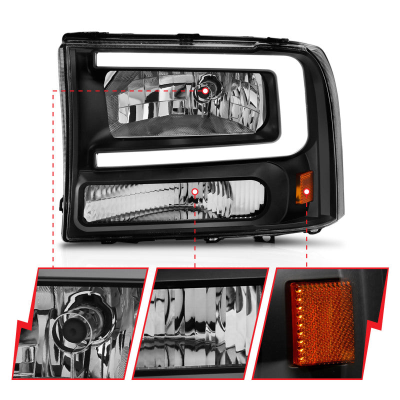 ANZO 99-04 Ford F250/F350/F450/Excursion (excl. 99) Crystal Headlights - w/ Light Bar Black Housing ANZO 99-04 Ford F250/F350/F450/Excursion (excl. 99) Crystal Headlights - w/ Light Bar Black Housing