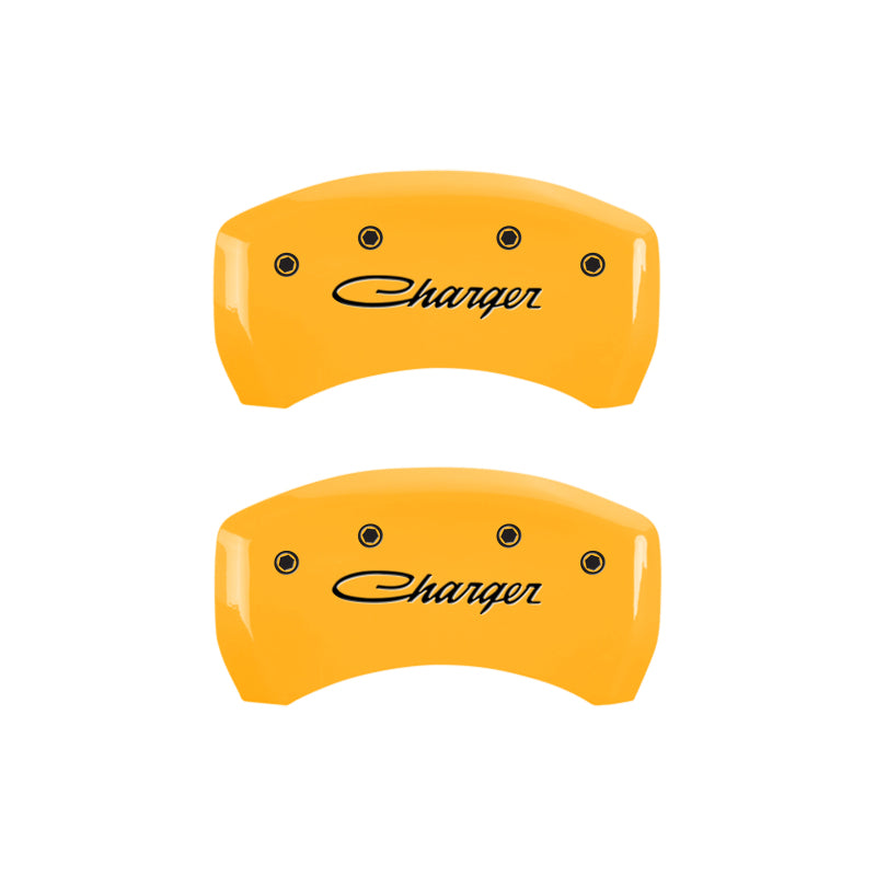 MGP 4 Caliper Covers Engraved Front & Rear 05-10 Dodge Charger R/T Yellow Finish Black Cursive Logo MGP 4 Caliper Covers Engraved Front & Rear 05-10 Dodge Charger R/T Yellow Finish Black Cursive Logo