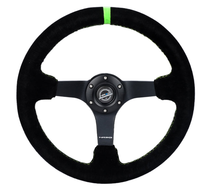 NRG Reinforced Steering Wheel 350mm/3in. Deep Blk Suede/ Neon Green Stitch w/5mm Matte Black Spoke NRG Reinforced Steering Wheel 350mm/3in. Deep Blk Suede/ Neon Green Stitch w/5mm Matte Black Spoke