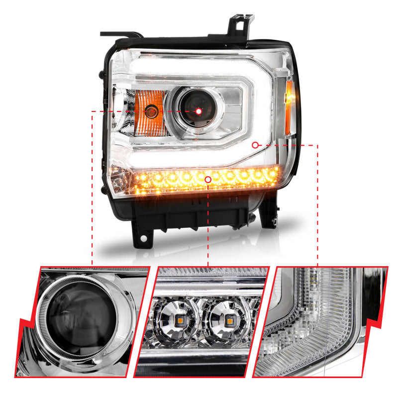 ANZO 2014-2015 Gmc Sierra 1500 Projector Headlights w/ Light Bar Chrome Housing (Halogen Type) ANZO 2014-2015 Gmc Sierra 1500 Projector Headlights w/ Light Bar Chrome Housing (Halogen Type)