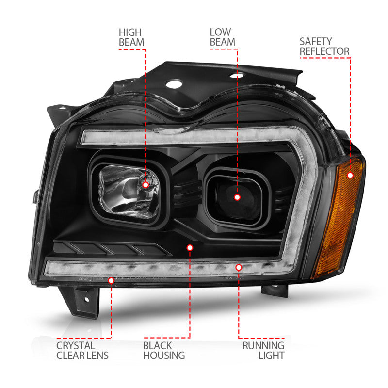ANZO 2005-2007 Jeep Grand Cherokee Projector Headlights w/ Light Bar Switchback Black Housing ANZO 2005-2007 Jeep Grand Cherokee Projector Headlights w/ Light Bar Switchback Black Housing