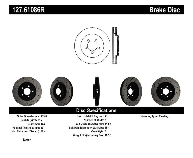 StopTech 05-10 Ford Mustang GT Front Right Slotted & Drilled Rotor StopTech 05-10 Ford Mustang GT Front Right Slotted & Drilled Rotor