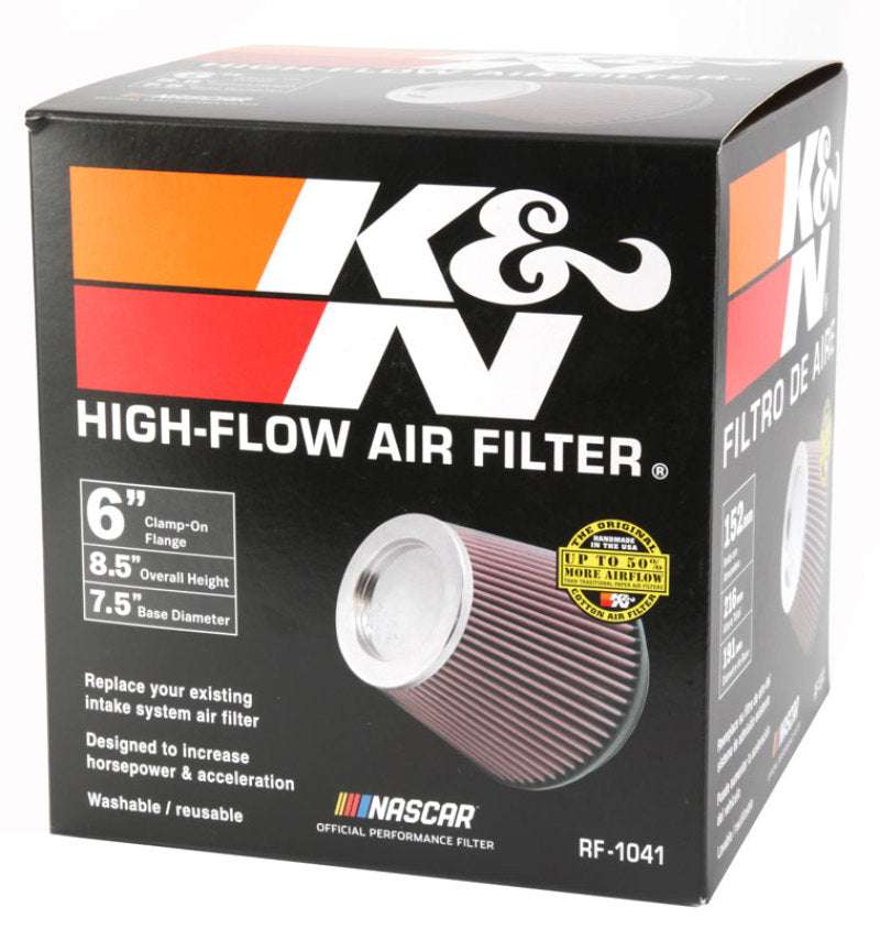 K&N Round Tapered Universal Air Filter 6 inch Flange 7 1/2 inch Base 5 inch Top 7 1/2 inch Height K&N Round Tapered Universal Air Filter 6 inch Flange 7 1/2 inch Base 5 inch Top 7 1/2 inch Height