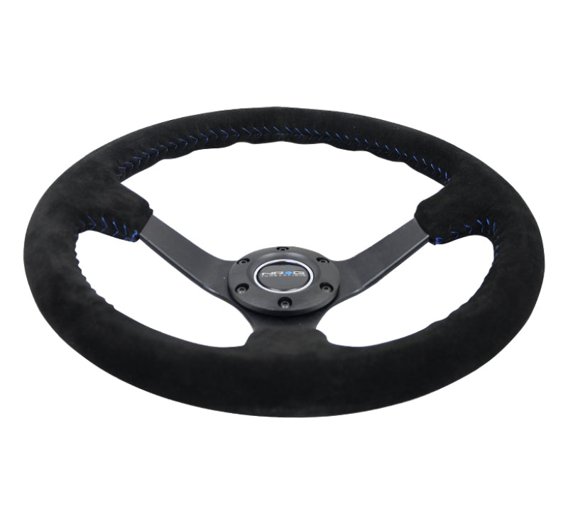 NRG Reinforced Steering Wheel (350mm / 3in. Deep) Blk Suede/Blue BBall Stitch w/5mm Matte Blk Spokes NRG Reinforced Steering Wheel (350mm / 3in. Deep) Blk Suede/Blue BBall Stitch w/5mm Matte Blk Spokes
