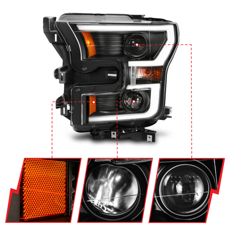 ANZO 2015-2017 Ford F-150 Projector Headlights w/ Plank Style Switchback Black w/ Amber ANZO 2015-2017 Ford F-150 Projector Headlights w/ Plank Style Switchback Black w/ Amber