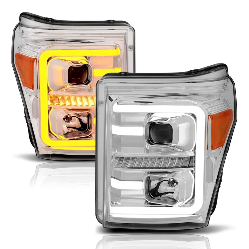ANZO 11-16 Ford F-250/F-350/F-450 Projector Headlights w/ Plank Style Switchback Chrome w/Amber ANZO 11-16 Ford F-250/F-350/F-450 Projector Headlights w/ Plank Style Switchback Chrome w/Amber