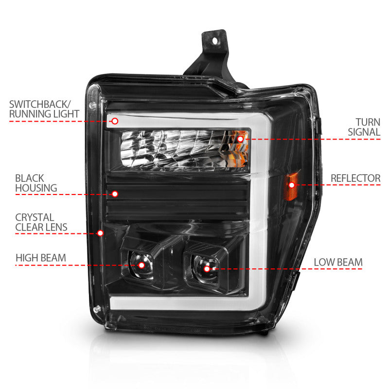 ANZO 08-10 Ford F-250 - F-550 Super Duty Projector Headlights w/ Light Bar Switchback Black Housing ANZO 08-10 Ford F-250 - F-550 Super Duty Projector Headlights w/ Light Bar Switchback Black Housing
