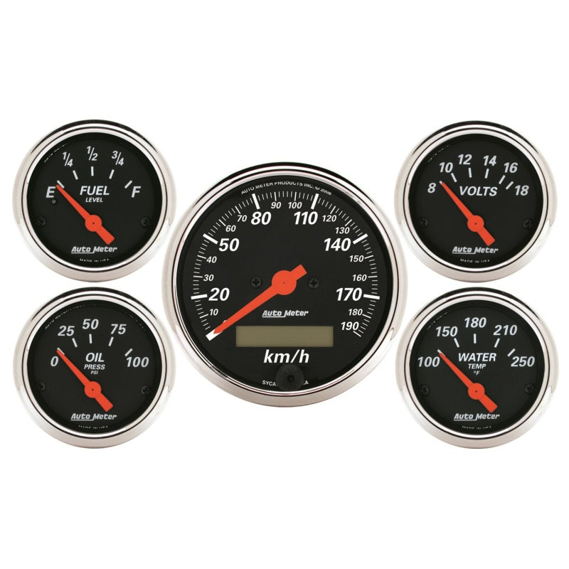 Autometer Designer Black 5 Pc Kit w/ Elec KMH Speedo, Oil Press, Water Temp, Volt, Fuel Level Autometer Designer Black 5 Pc Kit w/ Elec KMH Speedo, Oil Press, Water Temp, Volt, Fuel Level