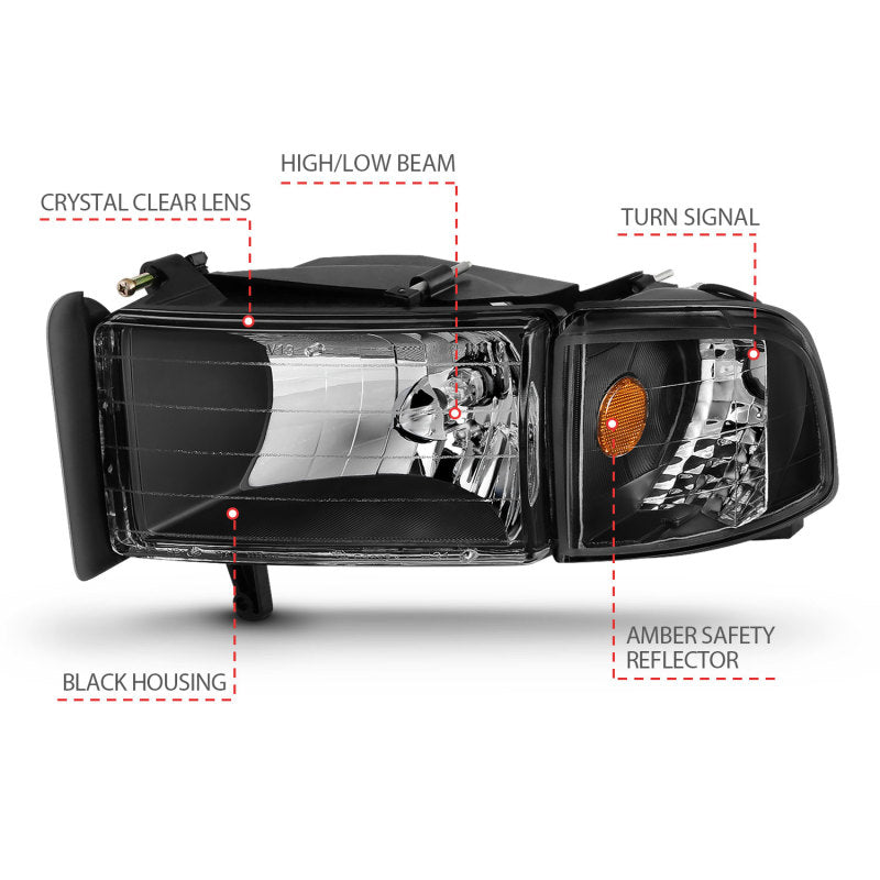 ANZO 1994-2001 Dodge Ram Crystal Headlights Black ANZO 1994-2001 Dodge Ram Crystal Headlights Black