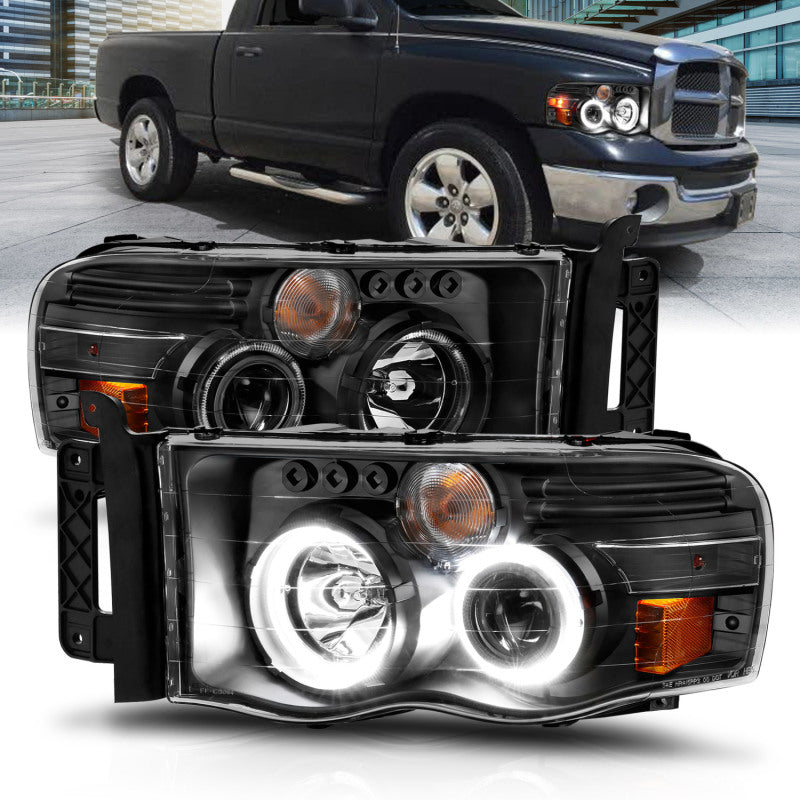 ANZO 2002-2005 Dodge Ram 1500 Projector Headlights w/ Halo Black Clear Amber ANZO 2002-2005 Dodge Ram 1500 Projector Headlights w/ Halo Black Clear Amber