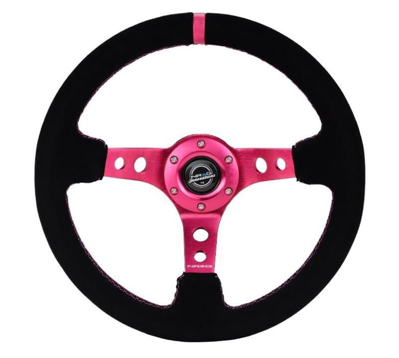 NRG Reinforced Steering Wheel (350mm/ 3in. Deep) Black Suede/ Fushia Center Mark/ Fushia Stitching NRG Reinforced Steering Wheel (350mm/ 3in. Deep) Black Suede/ Fushia Center Mark/ Fushia Stitching