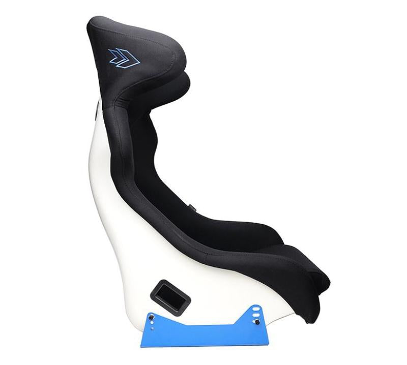NRG FRP Bucket Seat - White Finish with Arrow Embroidery And Blue Side Mount Bracket NRG FRP Bucket Seat - White Finish with Arrow Embroidery And Blue Side Mount Bracket