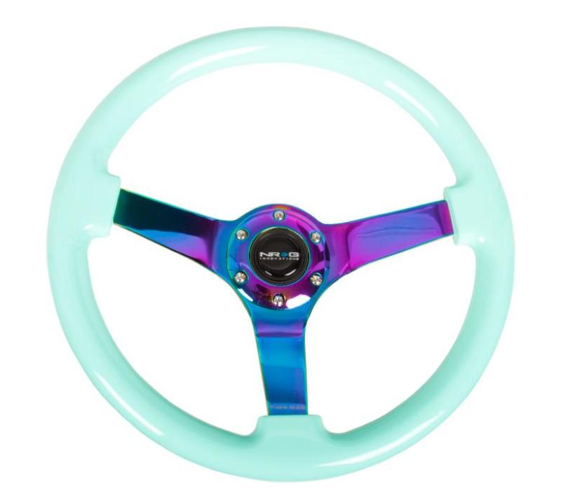 NRG Reinforc Steering Wheel (350mm / 3in. Deep) Minty Fresh Wood Grain w/Neochrome 3-Spoke Center NRG Reinforc Steering Wheel (350mm / 3in. Deep) Minty Fresh Wood Grain w/Neochrome 3-Spoke Center