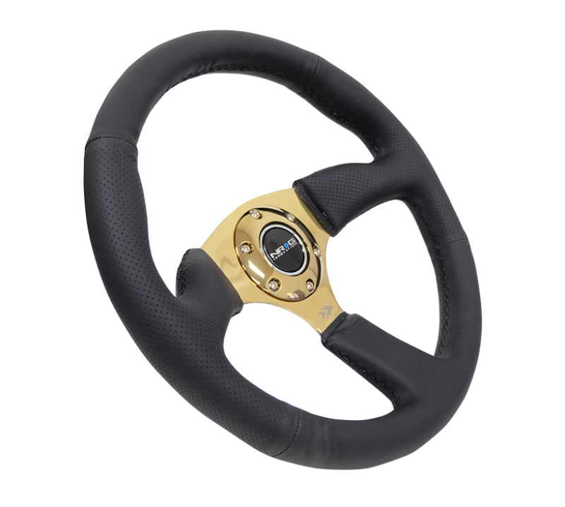 NRG Reinforced Steering Wheel (350mm / 2.5in. Deep) Leather Race Comfort Grip w/4mm Gold Spokes NRG Reinforced Steering Wheel (350mm / 2.5in. Deep) Leather Race Comfort Grip w/4mm Gold Spokes