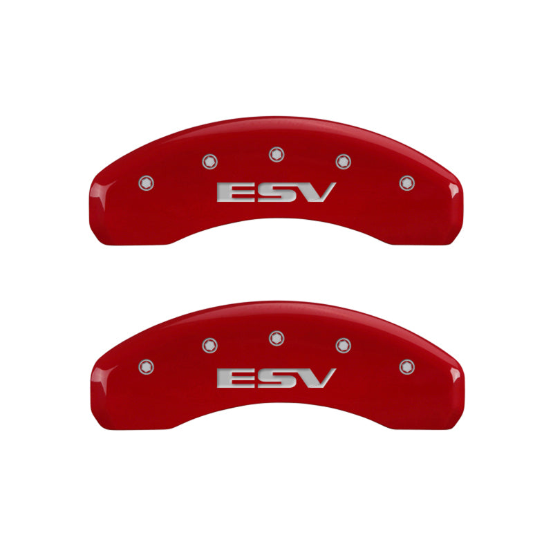 MGP 4 Caliper Covers Engraved Front Escalade Engraved Rear ESV Red finish silver ch MGP 4 Caliper Covers Engraved Front Escalade Engraved Rear ESV Red finish silver ch
