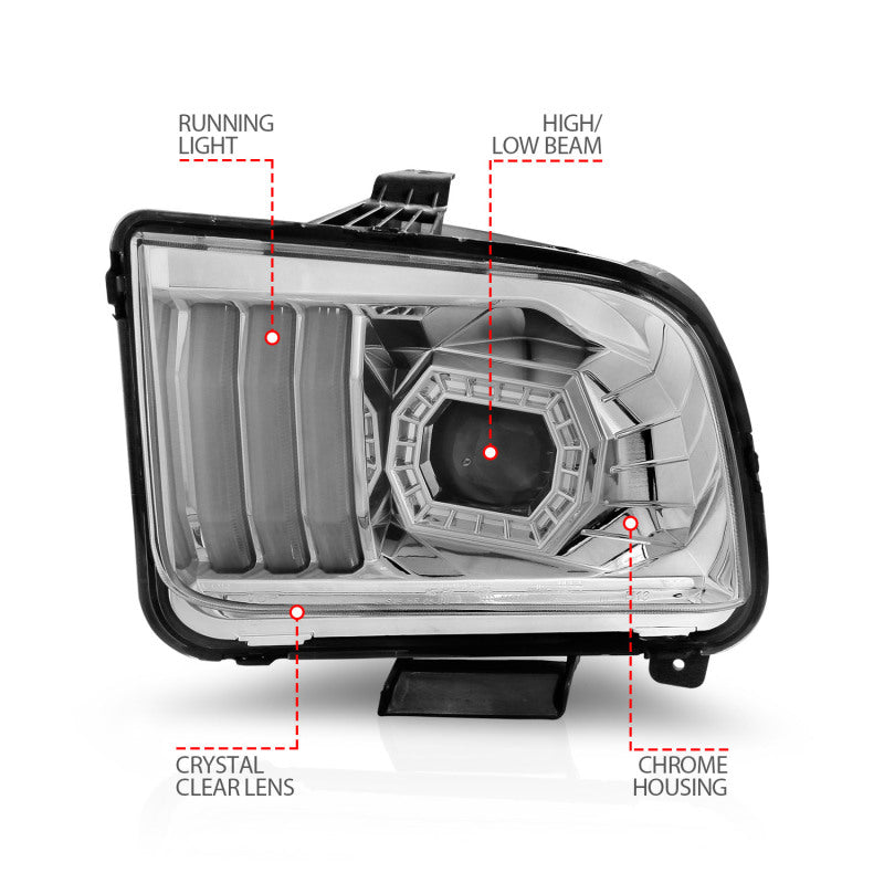 ANZO 05-09 Ford Mustang (w/Factory Halogen HL Only) Projector Headlights w/Light Bar Chrome Housing ANZO 05-09 Ford Mustang (w/Factory Halogen HL Only) Projector Headlights w/Light Bar Chrome Housing