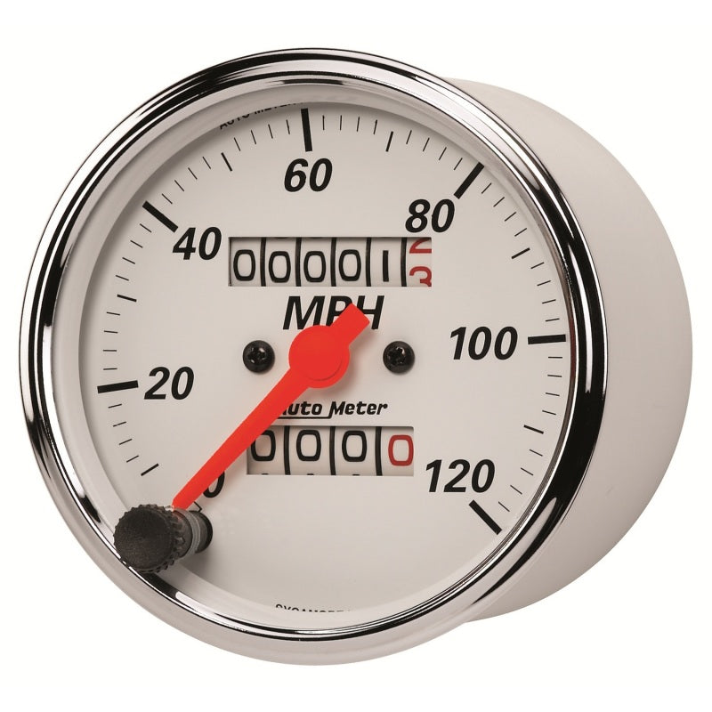Autometer Arctic White 3-1/8in 0-120 MPH Mechanical Speedometer Gauge Autometer Arctic White 3-1/8in 0-120 MPH Mechanical Speedometer Gauge