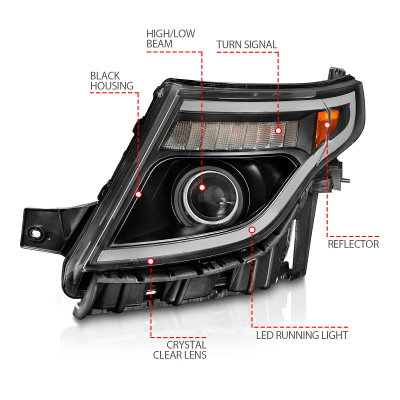 ANZO 11-15 Ford Explorer (w/Factory Halogen HL Only) Projector Headlights w/Light Bar Black Housing ANZO 11-15 Ford Explorer (w/Factory Halogen HL Only) Projector Headlights w/Light Bar Black Housing