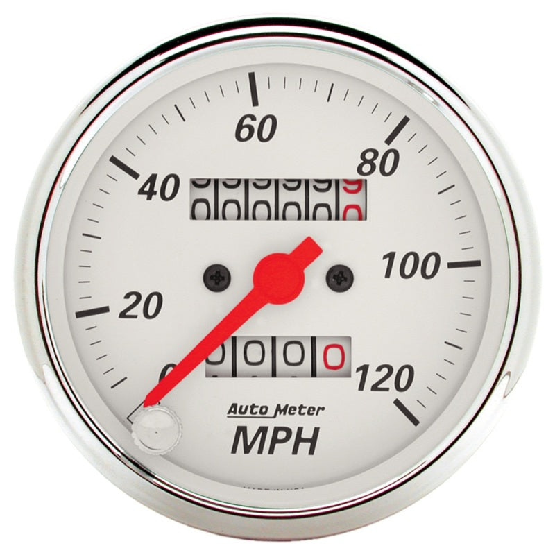 Autometer Arctic White 3-1/8in 0-120 MPH Mechanical Speedometer Gauge Autometer Arctic White 3-1/8in 0-120 MPH Mechanical Speedometer Gauge
