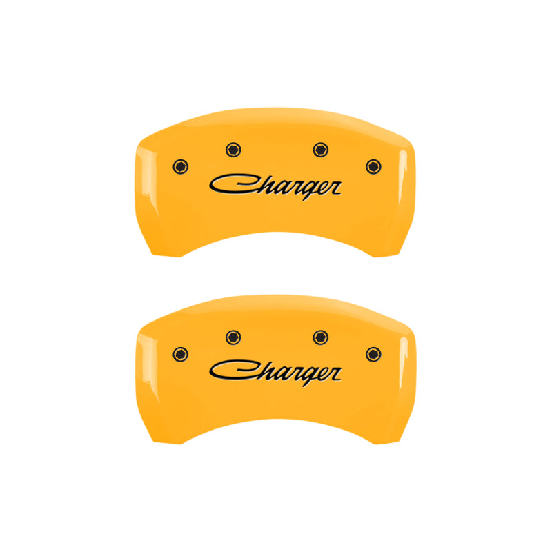 MGP 4 Caliper Covers Engraved Front & Rear Cursive/Charger Yellow finish black ch MGP 4 Caliper Covers Engraved Front & Rear Cursive/Charger Yellow finish black ch