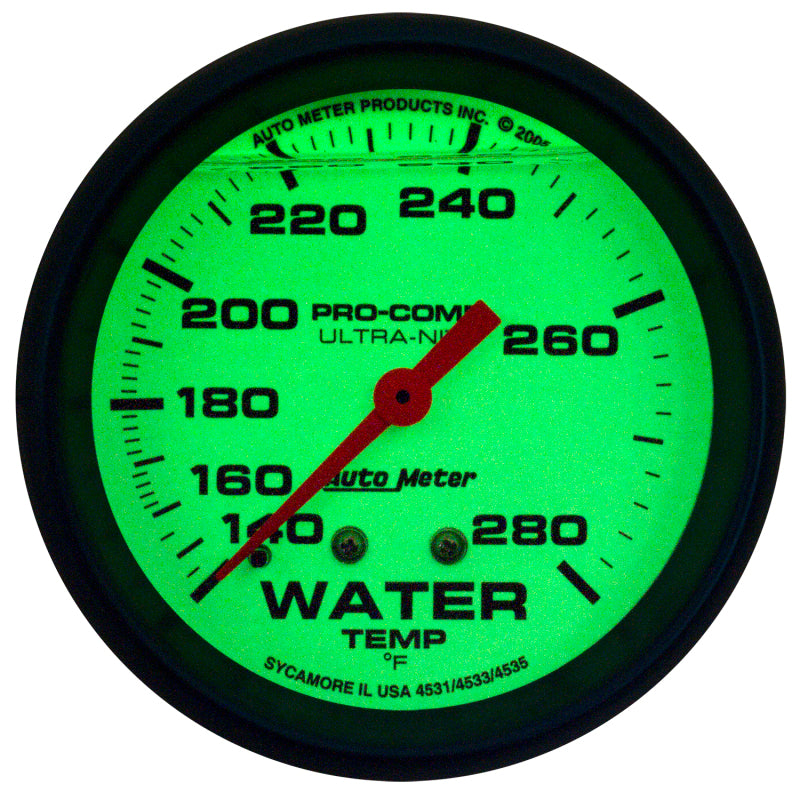 AutoMeter Gauge Wtemp 2-5/8in. 140-280 Deg. F Liq Filld Mech 4ft. Glow In Dark Ultra-Nite AutoMeter Gauge Wtemp 2-5/8in. 140-280 Deg. F Liq Filld Mech 4ft. Glow In Dark Ultra-Nite