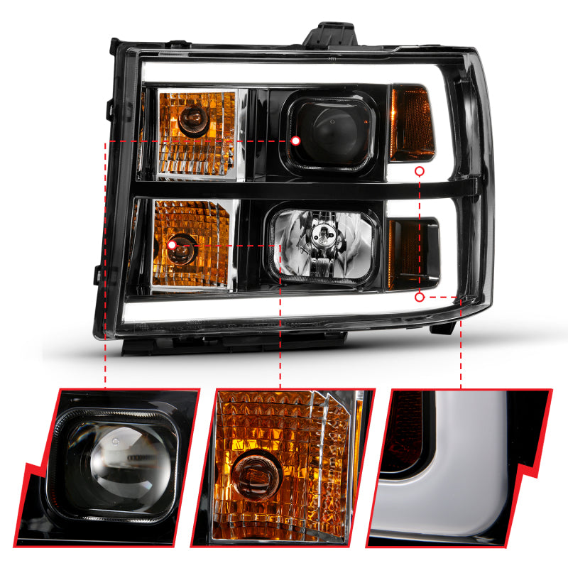 ANZO 2007-2013 Gmc Sierra 1500 Projector Headlight Plank Style Black w/ Clear Lens Amber ANZO 2007-2013 Gmc Sierra 1500 Projector Headlight Plank Style Black w/ Clear Lens Amber