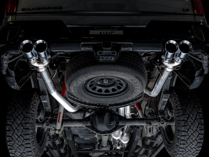 AWE Tuning 4th Gen GM 1500 6.2L 0FG Catback Split Rear Exit (w/ Bumper Cutouts) - Quad Chrome Tips AWE Tuning 4th Gen GM 1500 6.2L 0FG Catback Split Rear Exit (w/ Bumper Cutouts) - Quad Chrome Tips