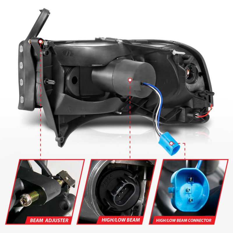 ANZO 94-02 Dodge RAM Crystal Headlight - w/ Light Bar Black Housing ANZO 94-02 Dodge RAM Crystal Headlight - w/ Light Bar Black Housing