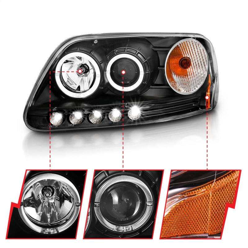 ANZO 1997.5-2003 Ford F-150 Projector Headlights w/ Halo and LED Black 1pc ANZO 1997.5-2003 Ford F-150 Projector Headlights w/ Halo and LED Black 1pc