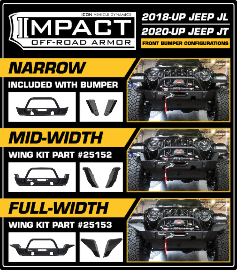 ICON 2018+ Jeep Wrangler JL / 2020+ JT Front Impact Bumper Mid Width Wings ICON 2018+ Jeep Wrangler JL / 2020+ JT Front Impact Bumper Mid Width Wings