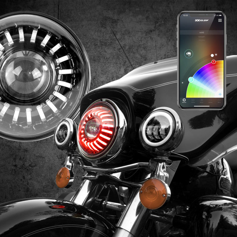 XK Glow 7In RGB LED Harley Headlight XKchrome Bluetooth App Controlled Kit XK Glow 7In RGB LED Harley Headlight XKchrome Bluetooth App Controlled Kit