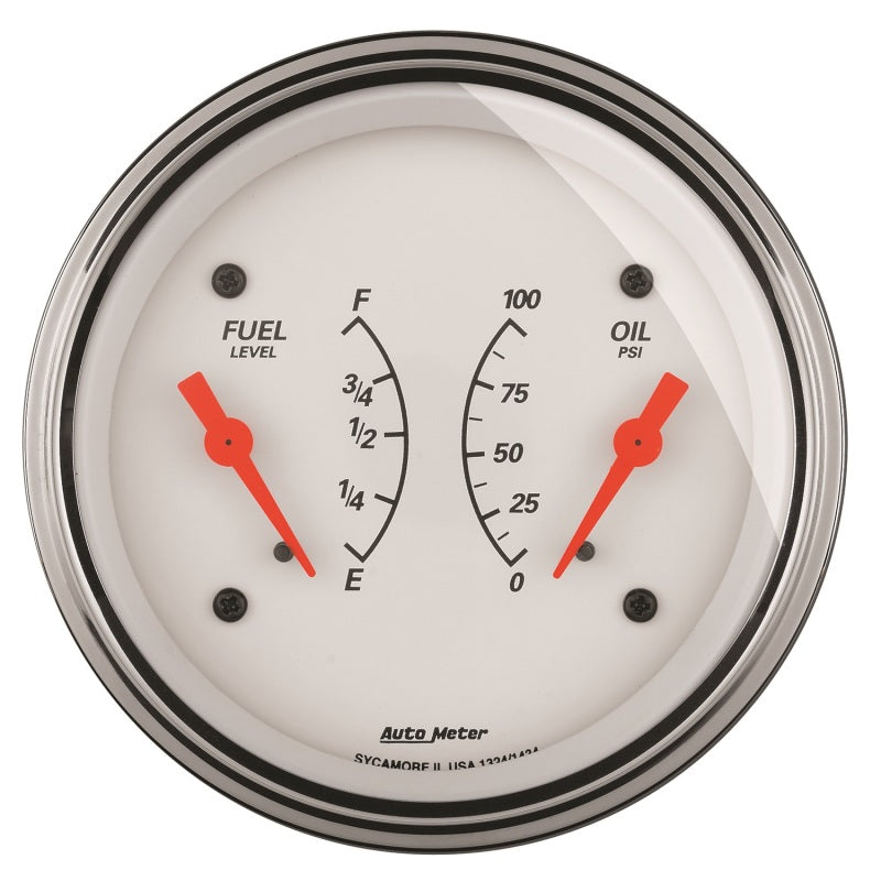 AutoMeter Gauge Dual Fuel & Oilp 3-3/8in. 240 Ohm(e) to 33 Ohm(f) & 100PSI Elec Arctic White AutoMeter Gauge Dual Fuel & Oilp 3-3/8in. 240 Ohm(e) to 33 Ohm(f) & 100PSI Elec Arctic White