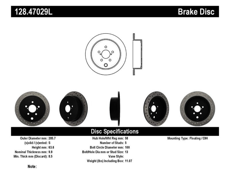 StopTech 08-10 WRX Drilled Left Rear Rotor StopTech 08-10 WRX Drilled Left Rear Rotor