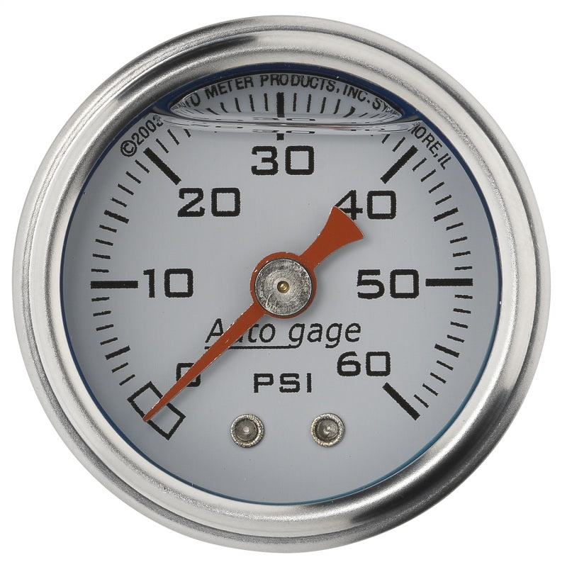 Autometer AutoGage 1.5in Liquid Filled Mechanical 0-60 PSI Fuel Pressure Gauge - White Autometer AutoGage 1.5in Liquid Filled Mechanical 0-60 PSI Fuel Pressure Gauge - White