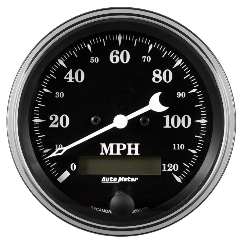 Auto Meter Gauge Speedo. 3 3/8in 120mph Elec. Prog. w/ LCD Odo Old Tyme Black Auto Meter Gauge Speedo. 3 3/8in 120mph Elec. Prog. w/ LCD Odo Old Tyme Black