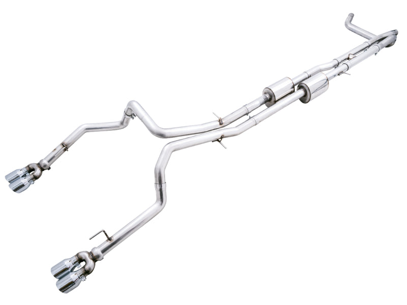 AWE Tuning 4th Gen GM 1500 6.2L 0FG Catback Split Rear Exit (w/ Bumper Cutouts) - Quad Chrome Tips AWE Tuning 4th Gen GM 1500 6.2L 0FG Catback Split Rear Exit (w/ Bumper Cutouts) - Quad Chrome Tips