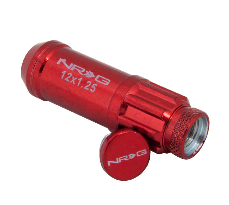 NRG 700 Series M12 X 1.25 Steel Lug Nut w/Dust Cap Cover Set 21 Pc w/Locks & Lock Socket - Red NRG 700 Series M12 X 1.25 Steel Lug Nut w/Dust Cap Cover Set 21 Pc w/Locks & Lock Socket - Red
