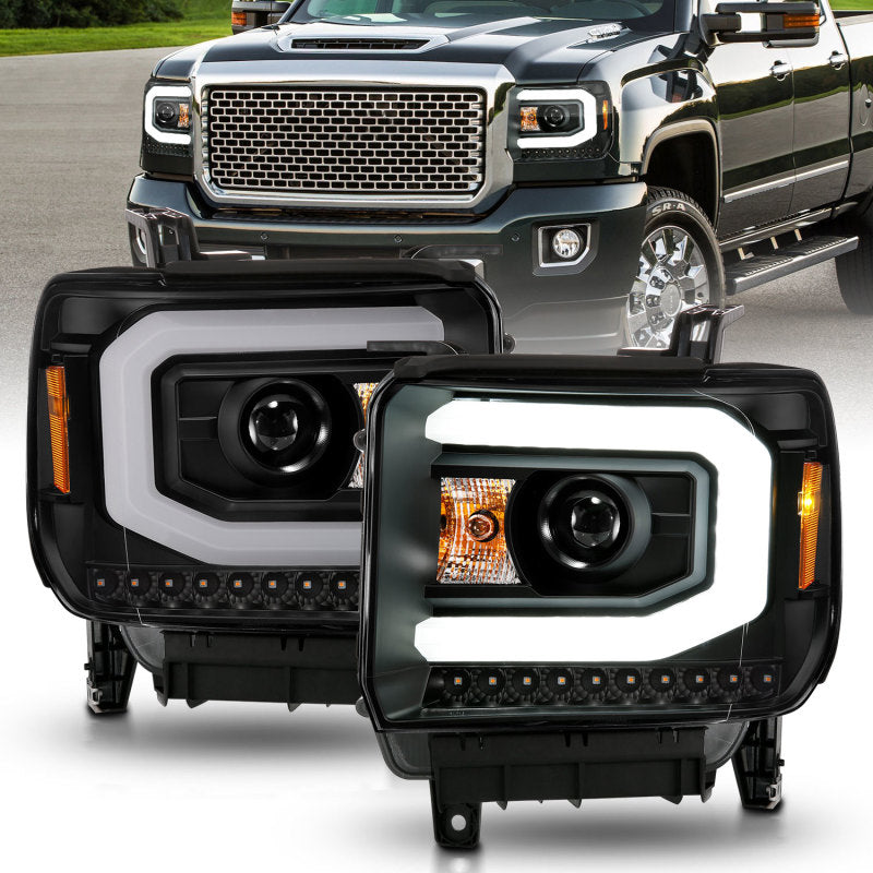 ANZO 2014-2015 GMC Sierra 1500 Projector Headlights w/ Light Bar Black Housing (Halogen Type) ANZO 2014-2015 GMC Sierra 1500 Projector Headlights w/ Light Bar Black Housing (Halogen Type)