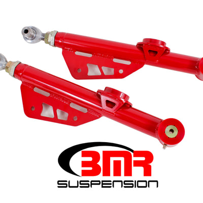 BMR 79-98 Fox Mustang On-Car Adj. Lower Control Arms / Rod End Combo (Polyurethane) - Red
