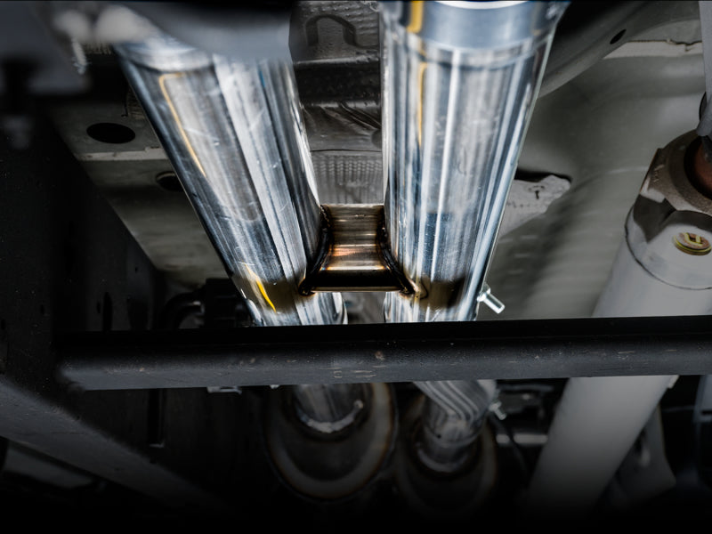 AWE Tuning 4th Gen GM 1500 6.2L 0FG Catback Split Rear Exit (w/ Bumper Cutouts) - Quad Chrome Tips AWE Tuning 4th Gen GM 1500 6.2L 0FG Catback Split Rear Exit (w/ Bumper Cutouts) - Quad Chrome Tips