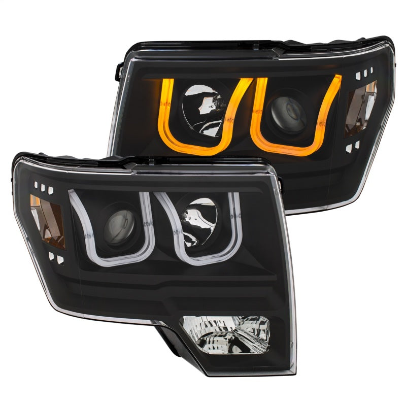 ANZO 2009-2014 Ford F-150 Projector Headlights w/ U-Bar Switchback Black w/ Amber ANZO 2009-2014 Ford F-150 Projector Headlights w/ U-Bar Switchback Black w/ Amber
