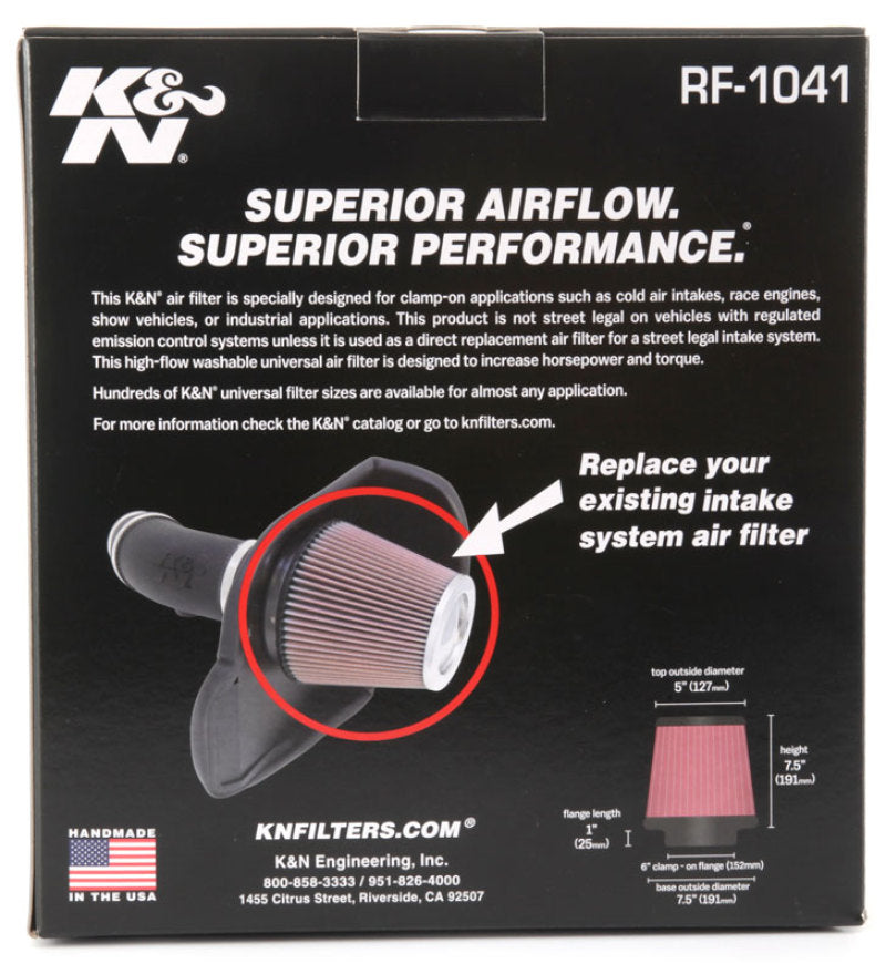 K&N Round Tapered Universal Air Filter 6 inch Flange 7 1/2 inch Base 5 inch Top 7 1/2 inch Height K&N Round Tapered Universal Air Filter 6 inch Flange 7 1/2 inch Base 5 inch Top 7 1/2 inch Height