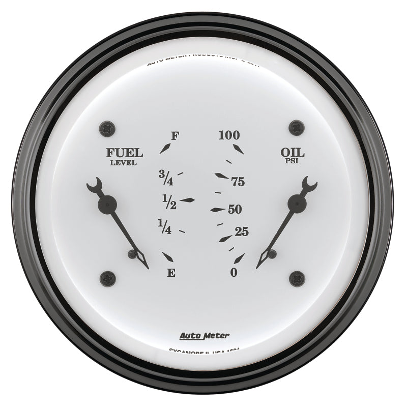 AutoMeter Gauge Dual Fuel & Oilp 3-3/8in. 0 Ohm(e) to 90 Ohm(f)& 100PSI Elec Old Tyme White AutoMeter Gauge Dual Fuel & Oilp 3-3/8in. 0 Ohm(e) to 90 Ohm(f)& 100PSI Elec Old Tyme White