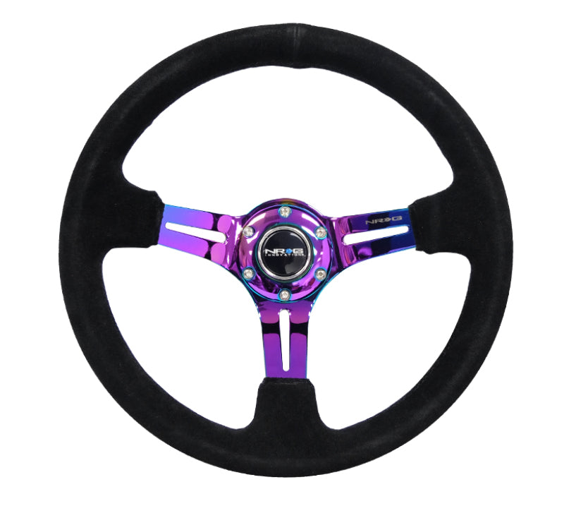 NRG Reinforced Steering Wheel (350mm / 3in. Deep) Blk Suede/Blk Stitch w/Neochrome Slits NRG Reinforced Steering Wheel (350mm / 3in. Deep) Blk Suede/Blk Stitch w/Neochrome Slits