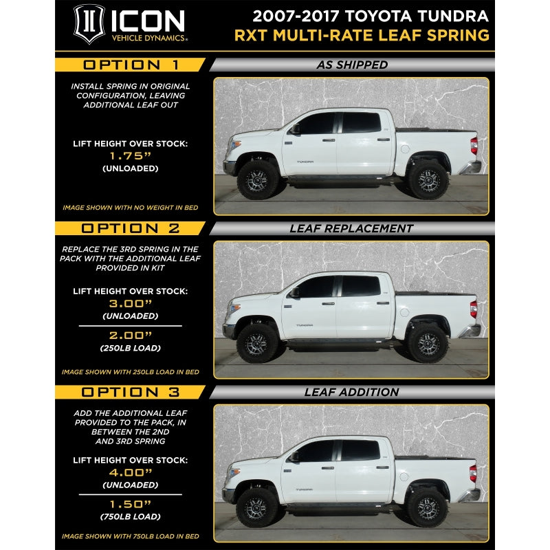 ICON 2007+ Toyota Tundra Multi Rate RXT Leaf Pack w/Add In Leaf ICON 2007+ Toyota Tundra Multi Rate RXT Leaf Pack w/Add In Leaf