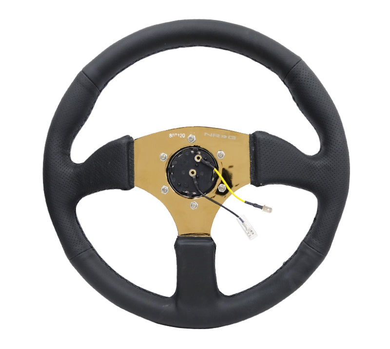 NRG Reinforced Steering Wheel (350mm / 2.5in. Deep) Leather Race Comfort Grip w/4mm Gold Spokes NRG Reinforced Steering Wheel (350mm / 2.5in. Deep) Leather Race Comfort Grip w/4mm Gold Spokes