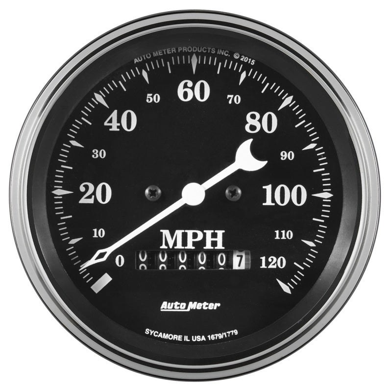 Auto Meter Gauge Speedo. 3 3/8in 120mph Elec. Prog. w/ Wheel Odo Old Tyme Black Auto Meter Gauge Speedo. 3 3/8in 120mph Elec. Prog. w/ Wheel Odo Old Tyme Black