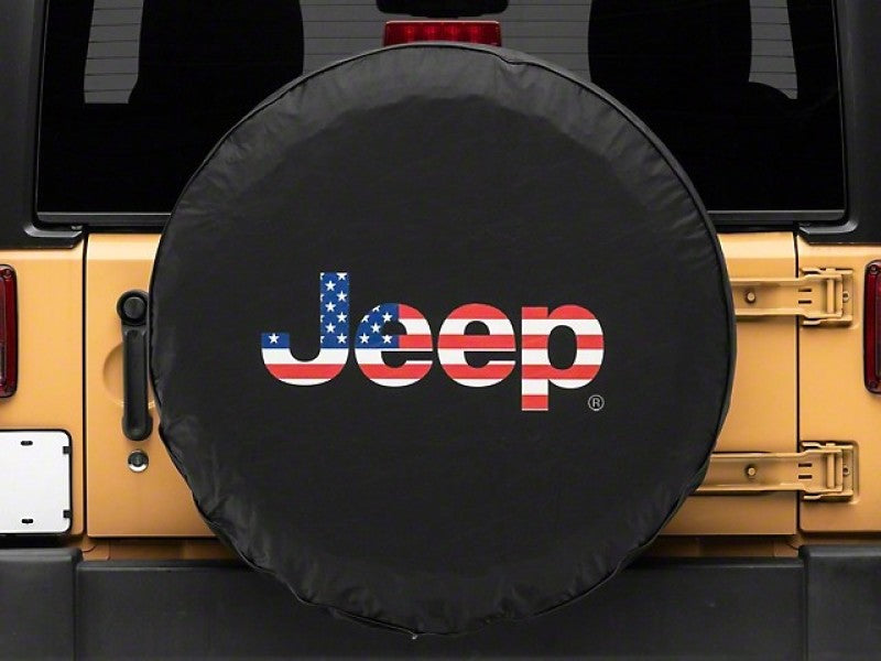 Officially Licensed Jeep 66-18 CJ5/ CJ7/ Wrangler YJ/TJ/JK American Flag Logo Spare Tire Cover-33In Officially Licensed Jeep 66-18 CJ5/ CJ7/ Wrangler YJ/TJ/JK American Flag Logo Spare Tire Cover-33In